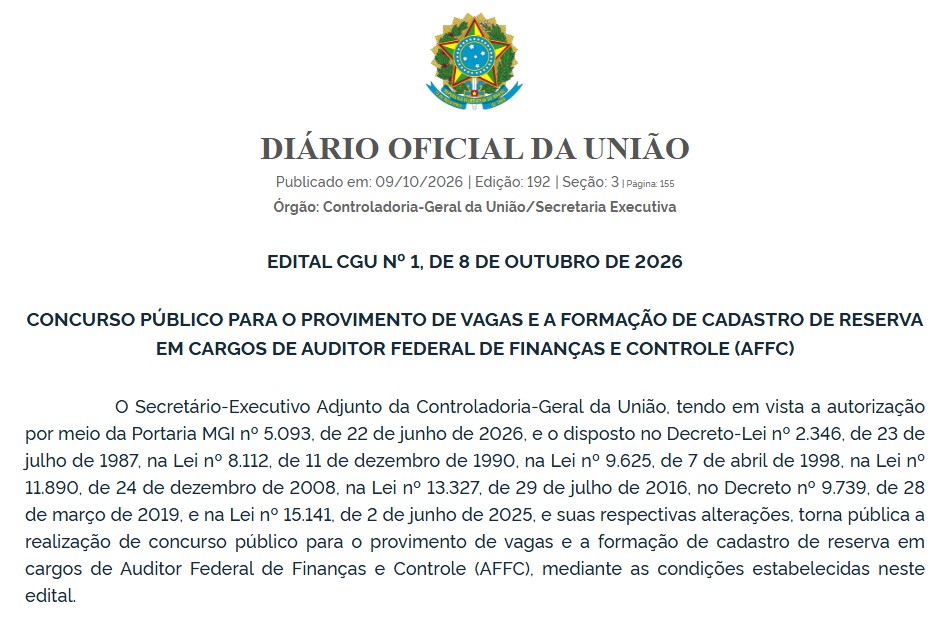 CGU publica edital de concurso para Auditor Federal de Finanças e Controle com vagas para Rondônia - Concursos e Empregos